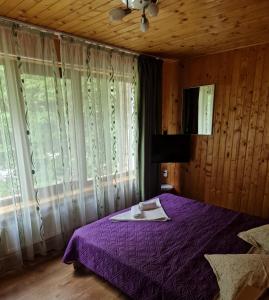 a bedroom with a purple bed and a window at Pensiunea Rossvillas!! in Lepşa +32 photos