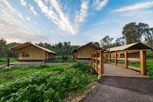 a row of tents in a field with a wooden bridge at Katzrin Village Glamping in Qasrîne