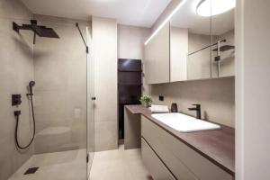 a bathroom with a glass shower and a sink at Design Apartment Schladming in Schladming +17 photos