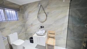 a bathroom with a toilet and a mirror on the wall at 12 On Bird BnB in Beacon Bay +23 photos