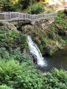 a wooden bridge over a river with a waterfall at La grande escapade in Xertigny