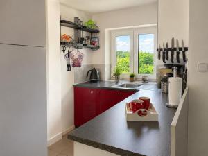 a kitchen with red cabinets and a sink and a window at Chata pod Jilmy in Pelhřimov