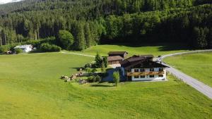 an aerial view of a house in a green field at Bergbauernhof Klauslehen in Ramsau