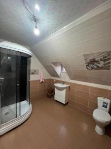a bathroom with a shower and a toilet at Olzho Guest House in Karakol +17 photos