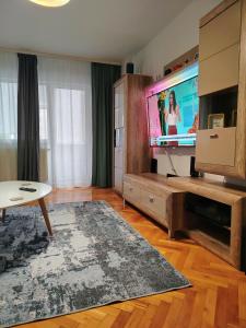 a living room with a large flat screen tv at Adrian Home, Central in Ploieşti