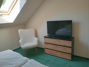 a bedroom with a tv and a chair and a bed at Apartament Miłków Karkonosze in Miłków