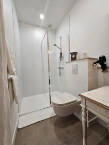 a white bathroom with a shower and a toilet at Chambres d'hôtes "Le Petit Cardinal" - proche PuyduFou in Mauléon +47 photos