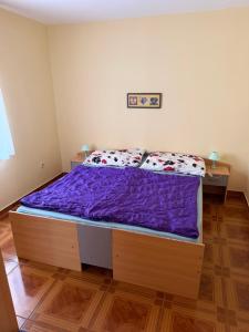 a bed in a room with purple sheets and pillows at Villa Oliva Vir in Vir