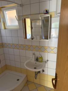 a bathroom with a sink and a toilet and a mirror at Villa Oliva Vir in Vir
