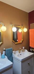 a bathroom with a sink and a mirror at Chambre d'hôtes Le Lupin Bleu in Saint-Coulomb +39 photos