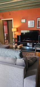 a living room with a couch and a large flat screen tv at Chambre d'hôtes Le Lupin Bleu in Saint-Coulomb