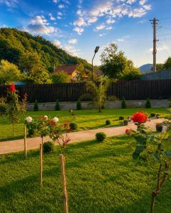 a garden with flowers in a yard with a fence at Grey in Călimăneşti