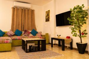 a living room with a couch and a potted tree at Nile Pyramidal view place in Cairo