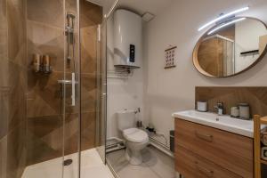 a bathroom with a shower and a toilet and a mirror at Appartement central - L'ouest in Tarare +8 photos