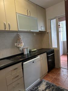 a kitchen with white appliances and a black counter top at Lux dvosoban stan u centru Bara in Bar