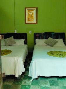 two beds in a room with green walls at Hotel Antequera in Oaxaca City