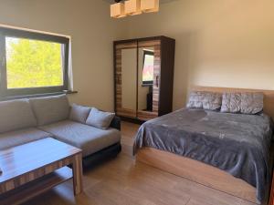 a living room with a bed and a couch at Guest House Atostogana in Druskininkai