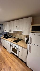 a kitchen with white appliances and a white refrigerator at Las Casitas de Martín in Candeleda +18 photos