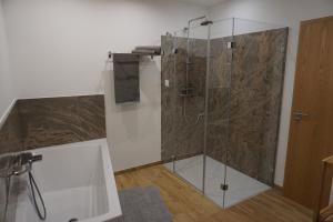 a bathroom with a shower with a glass enclosure at Live your dream in Kirchberg