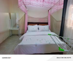 a bedroom with a bed with a pink canopy at JA Haven Suite in Lira