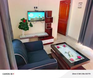 a living room with a blue couch and a tv at JA Haven Suite in Lira