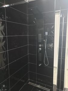 a bathroom with a shower with black tile at Lohovo Arena in Bihać +9 photos