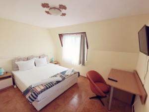 a bedroom with a bed and a desk and a television at Hotel VALDI in Ahtopol