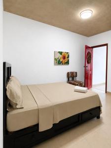 a bedroom with a large bed with a red door at Casa Bugambilias in Tenosique de Pino Suárez