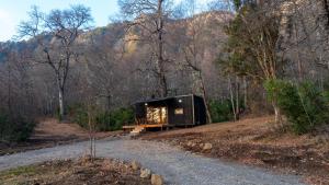 a tiny house on a dirt road in the woods at Tagua Cabins Malalcahuello in Malalcahuello