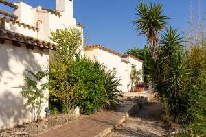 a white house with a palm tree and a sidewalk at Ecolodge Carpe Diem El Perelló in Perelló +50 photos