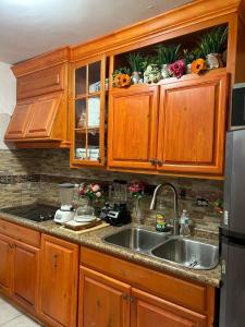 a kitchen with wooden cabinets and a sink at Excente alojamiento in Zaragoza