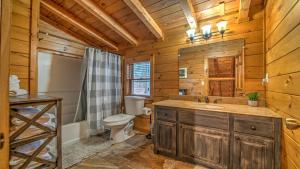 a log cabin bathroom with a toilet and a sink at Falling Waters in Blue Ridge +28 photos