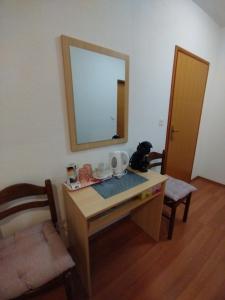 a dog sitting on a desk in a room with a mirror at Soba Ivanka Nikšić in Karlobag +3 photos