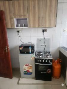 a small kitchen with a stove and a refrigerator at Sky-Host, Dulham suite in Homa Bay +4 photos