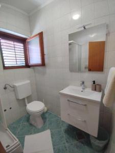 a bathroom with a toilet and a sink and a mirror at Soba Ivanka Nikšić in Karlobag