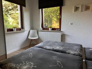 a bedroom with two beds and two windows at Ferienwohnung im Wesertal in Hameln