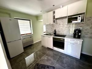 a kitchen with white appliances and green walls at Liliput Apartman in Sarkad