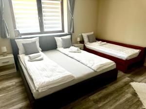 two twin beds in a room with a window at Liliput Apartman in Sarkad