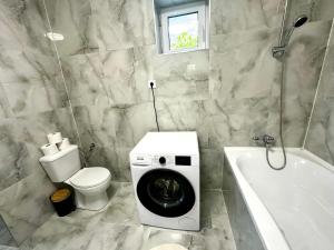 a bathroom with a washing machine and a toilet at Liliput Apartman in Sarkad +7 photos