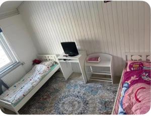 a small room with two beds and a desk with a laptop at Sommerhus in Grevinge