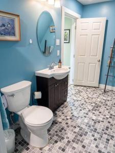 a bathroom with a toilet and a sink and a mirror at Ocean Pines seaside cottage in Shelburne