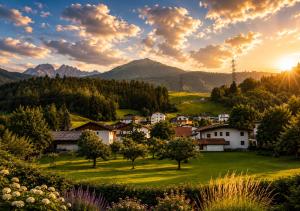 a small village in the mountains at sunset at Nomes Apartment in Axams