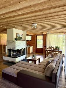 a living room with a couch and a fireplace at Vizbuļi, Amatciems in Amatciems +25 photos