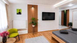 a living room with a couch and a tv on a wall at Clementine Apartman by Flats4You in Százhalombatta