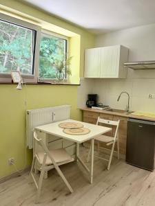 a kitchen with a table and chairs in a kitchen at Apartament Zielony Gaj Ustroń Wczasowa 90 in Ustroń