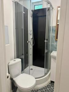 a bathroom with a toilet and a glass shower at Apartament Zielony Gaj Ustroń Wczasowa 90 in Ustroń