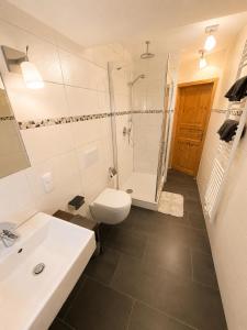 a bathroom with a sink and a toilet and a shower at Ferienwohnung Saarburg in Saarburg