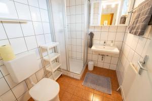 a bathroom with a shower and a toilet and a sink at Gästehaus Elfriede in Mörbisch am See +64 photos
