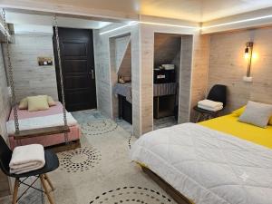 a bedroom with a swinging bed and a mirror at Bulevard Stefan 64#11 Chill Hotel in Chişinău