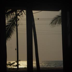 a view of the beach from a window with palm trees at Amani Beach Stay in Māvalli